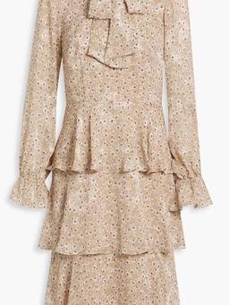 Pussy-bow tiered floral-print fil coupé dress