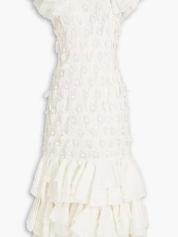 Tiered chiffon-paneled linen and silk-blend gown