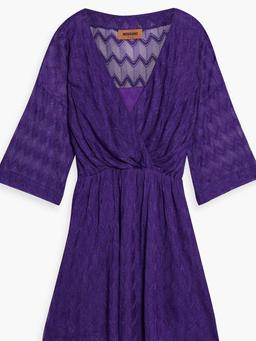 Wrap-effect crochet-knit silk-blend mini dress