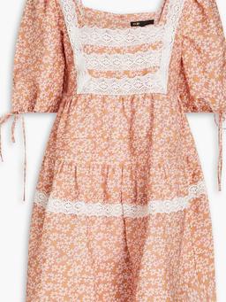 Crocheted lace-trimmed floral-print linen-blend mini dress
