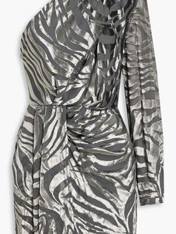 Nimas one-sleeve draped devoré-velvet mini dress