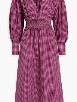 Shirred gingham seersucker midi dress