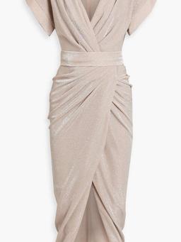 Wrap-effect draped glittered jersey midi dress