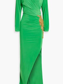 Wrap-effect embellished satin-jersey gown