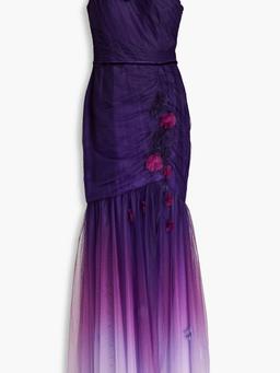 One-shoulder floral-appliquéd dégradé tulle gown