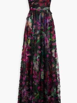 Off-the-shoulder floral-print embroidered tulle gown