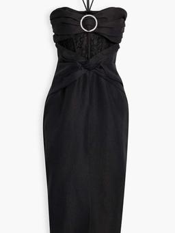 Lace-paneled embellished linen-blend halterneck midi dress