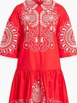 Gathered embroidered cotton-poplin mini dress