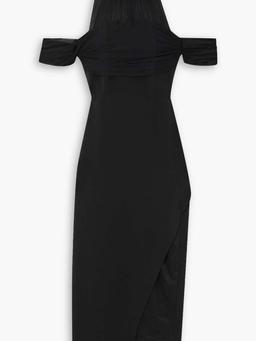 Cold-shoulder stretch tulle-trimmed embellished cady midi dress