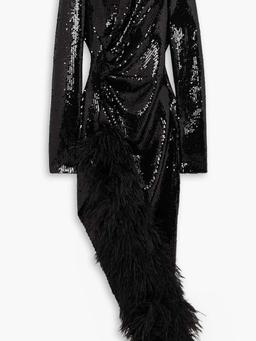 Asymmetric feather-trimmed sequined chiffon midi dress