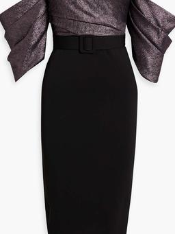 Off-the-shoulder lamé-paneled crepe midi dress