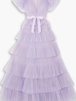 Nicolette grosgrain-trimmed tiered tulle gown