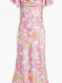 Button-embellished printed satin midi dress