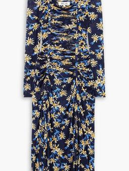 Amelie ruched floral-print stretch-mesh midi dress