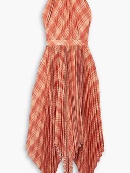 Dahlia asymmetric checked plissé crepe de chine halterneck midi dress