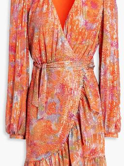 Sequined printed tulle mini wrap dress