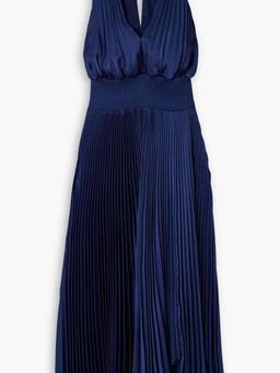 Rose plissé-satin halterneck midi dress