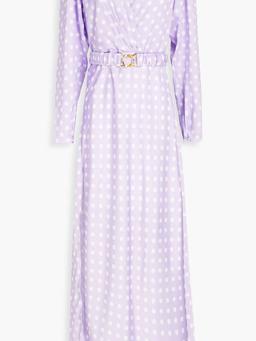 Carmen belted polka-dot satin maxi dress