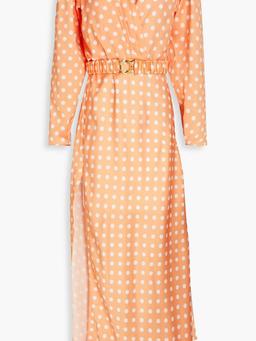 Carmen pleated polka-dot satin maxi dress