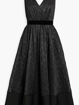 Velvet-trimmed matelassé midi dress