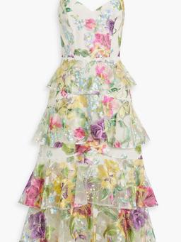 Tiered embroidered tulle midi dress
