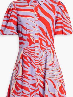 Gathered printed crepe de chine mini shirt dress
