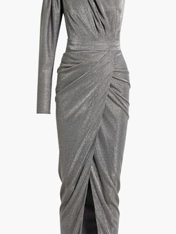 One-sleeve draped glittered jersey gown