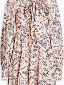 Pussy-bow printed stretch-silk twill mini dress