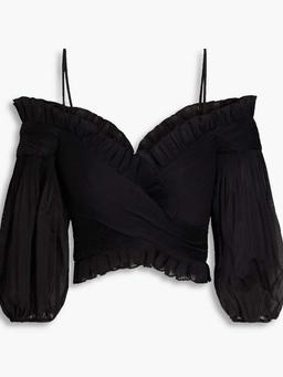 Cold-shoulder plissé-organza top