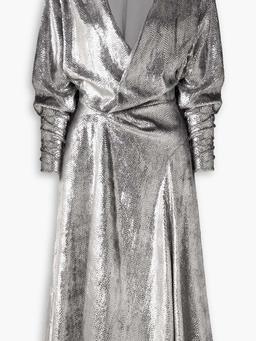 Courtneya ruched snake-print lamé midi dress