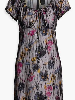 Layered floral-print crepe de chine and lace mini dress