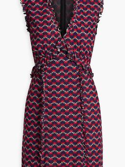 Ruffle-trimmed printed mesh mini dress