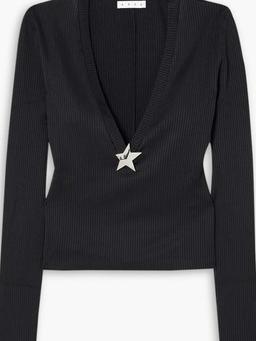 Embellished ribbed-jersey top