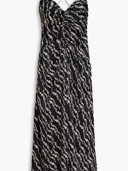 Ruched printed twill midi slip dress