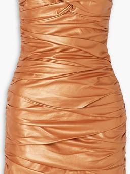 Strapless ruched metallic leather mini dress