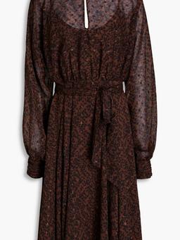 Gathered printed metallic fil coupé chiffon midi dress