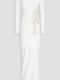 Wrap-effect embellished satin-jersey gown