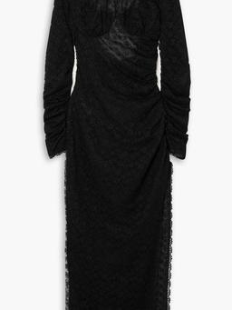 Open-back ruched lace maxi dress