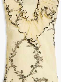 Ruffled floral-print plissé-chiffon top