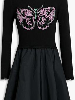 Embroidered distressed knitted and taffeta mini dress