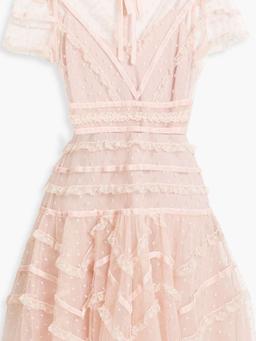 Velvet and lace-trimmed point d'esprit mini dress