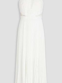 Guipure lace-paneled pleated crepe midi dress