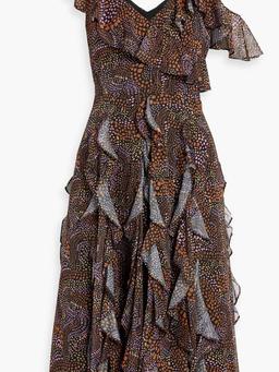 Ruffled metallic printed crepe de chine midi dress