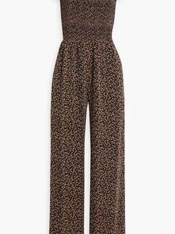 Shirred floral-print crepe de chine wide-leg jumpsuit