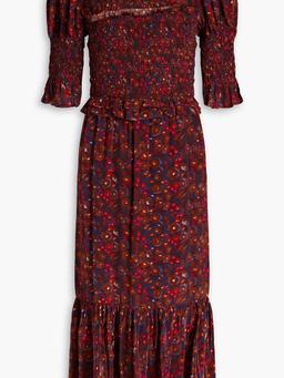 Ilana shirred printed crepe de chine midi dress