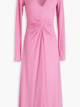 Ruched stretch-lace midi dress