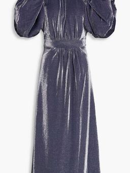 Cutout gathered metallic jersey midi dress