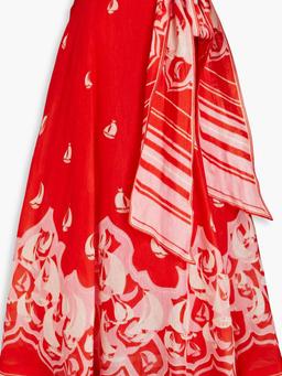 Printed linen and silk-blend maxi skirt