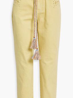 Cropped broderie anglaise-trimmed mid-rise tapered jeans