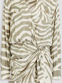 Ruched zebra-print twill mini dress